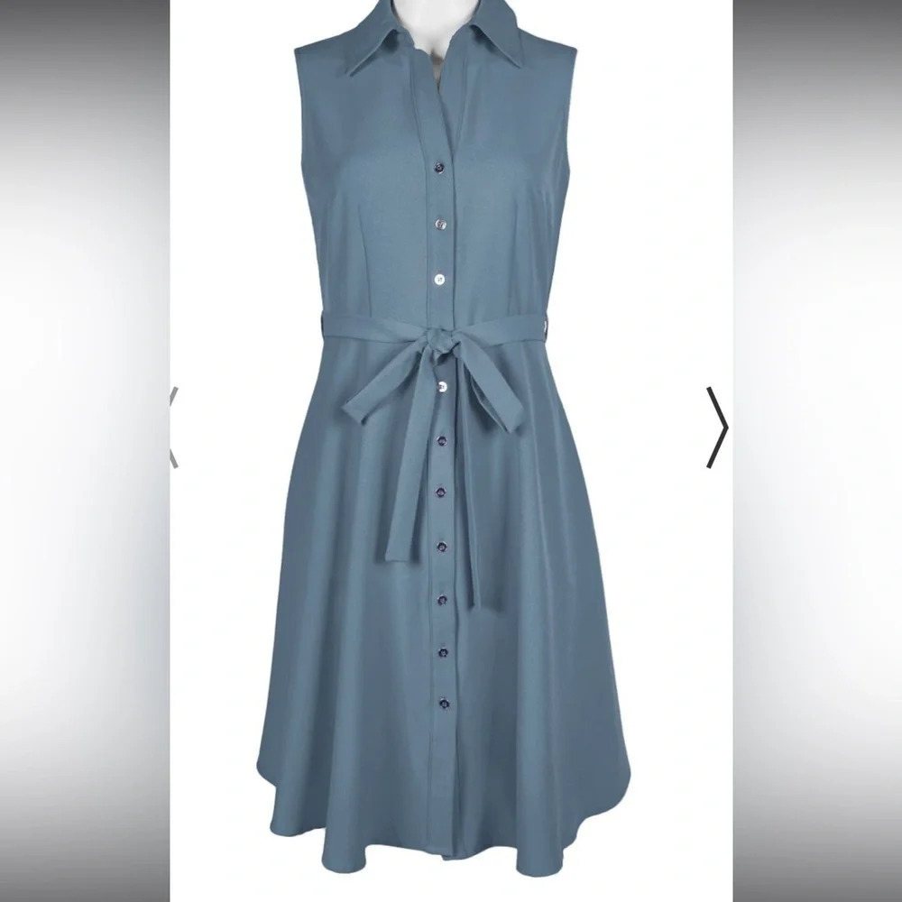 Sharagano Collared Button Down Front Tie Pockets Solid Crepe Dress - Picture 3 of 3